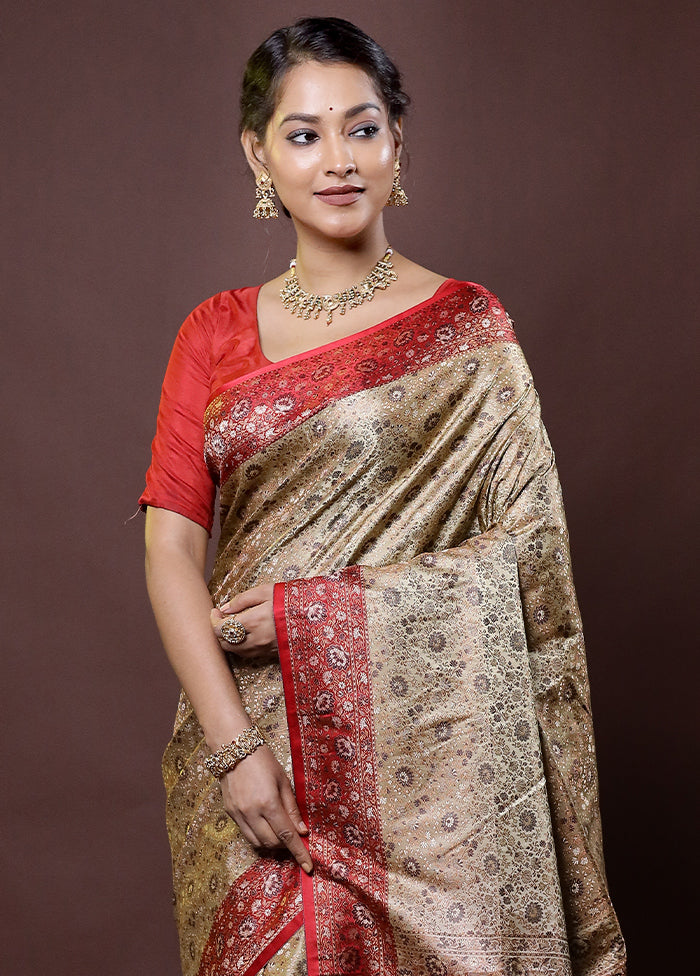 Cream Handloom Jamewar Pure Silk Saree With Blouse Piece