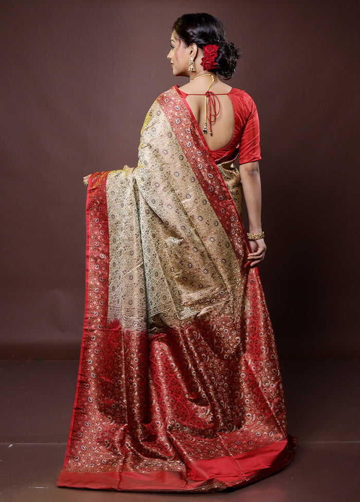 Cream Handloom Jamewar Pure Silk Saree With Blouse Piece