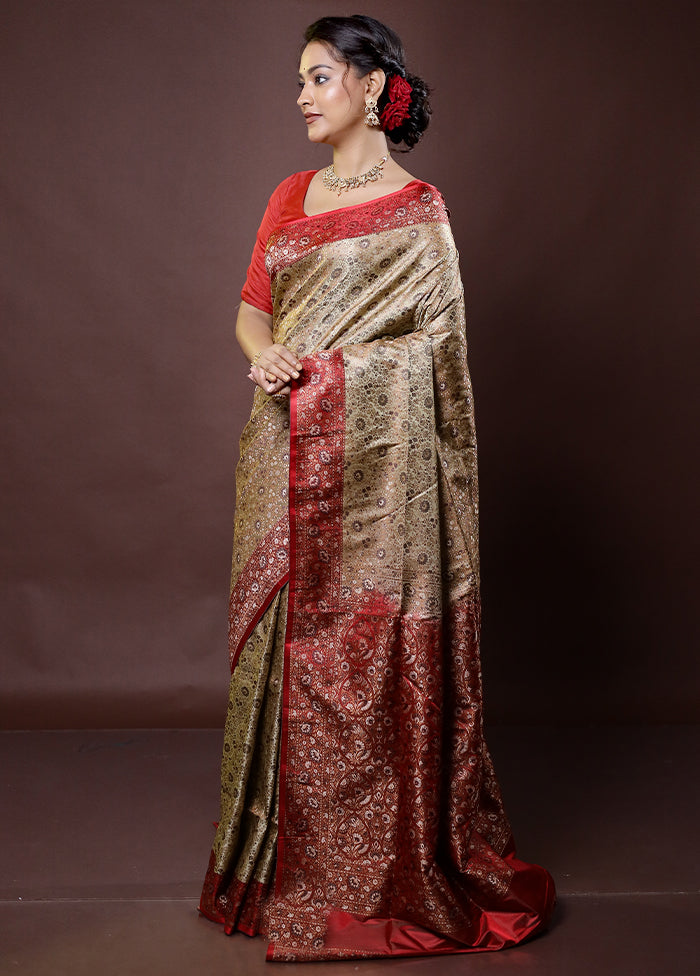 Cream Handloom Jamewar Pure Silk Saree With Blouse Piece