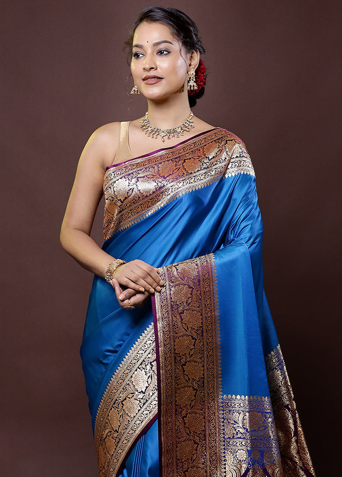 Blue Banarasi Silk Saree With Blouse Piece