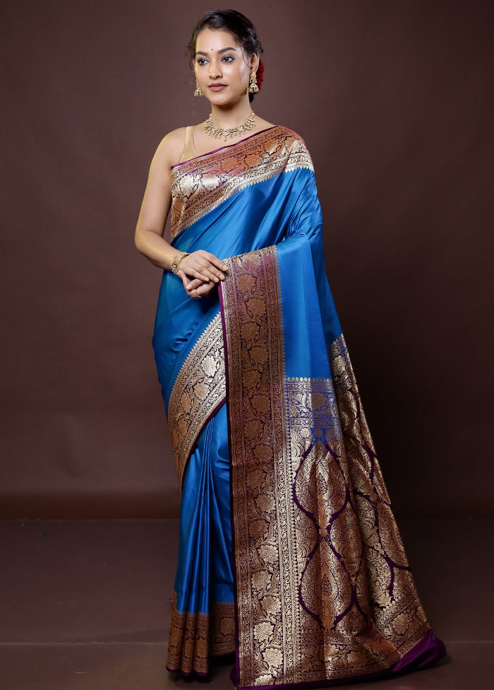 Blue Banarasi Silk Saree With Blouse Piece