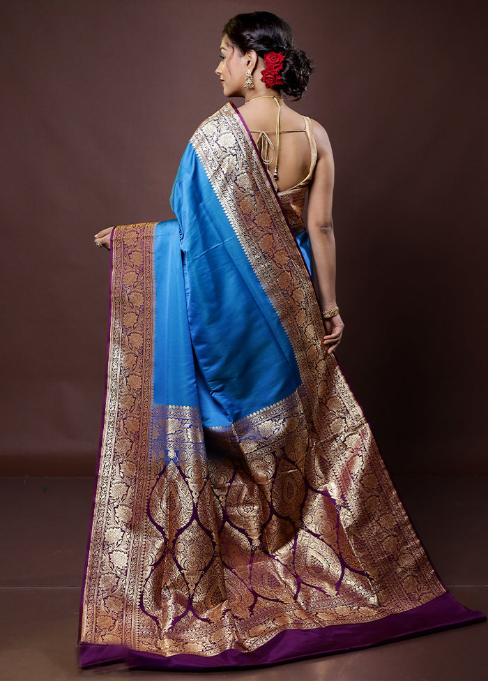 Blue Banarasi Silk Saree With Blouse Piece