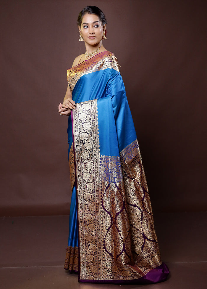 Blue Banarasi Silk Saree With Blouse Piece