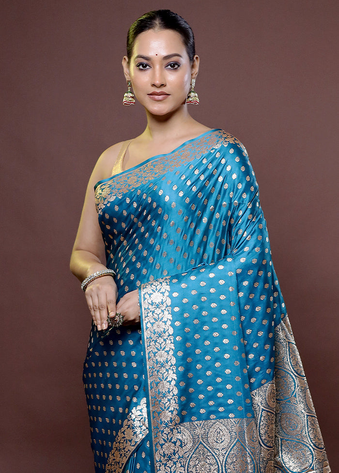 Blue Banarasi Silk Saree With Blouse Piece