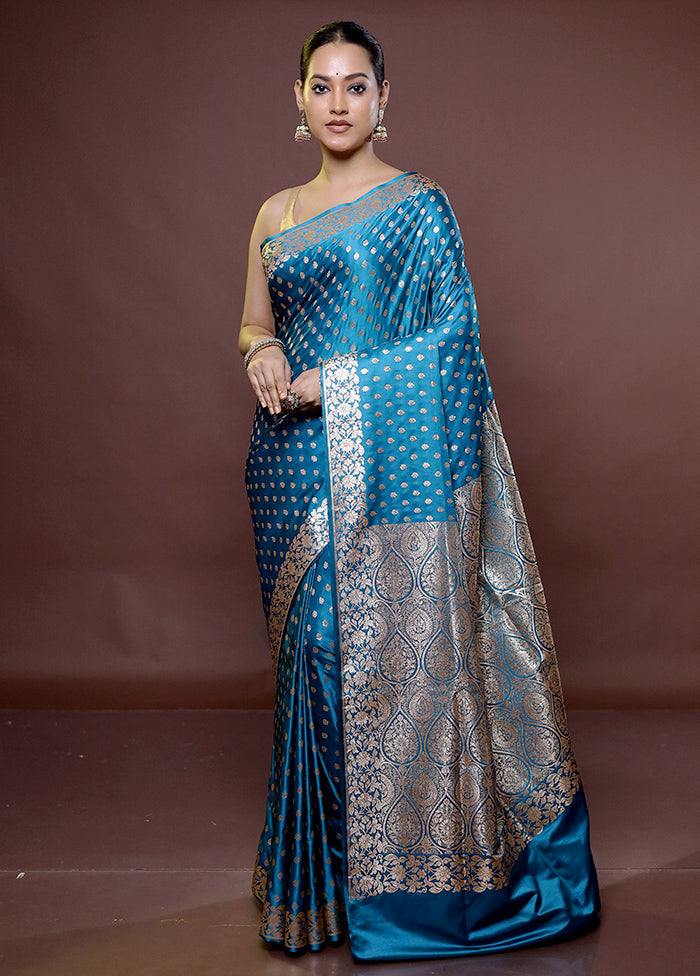 Blue Banarasi Silk Saree With Blouse Piece