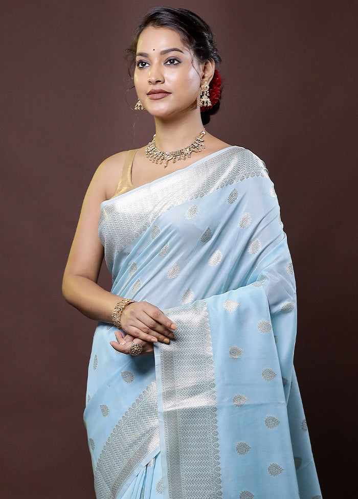 Blue Kora Silk Saree With Blouse Piece