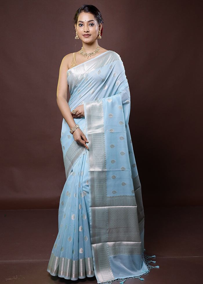 Blue Kora Silk Saree With Blouse Piece