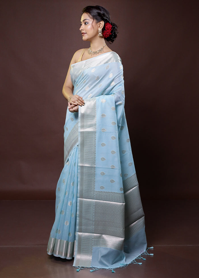 Blue Kora Silk Saree With Blouse Piece