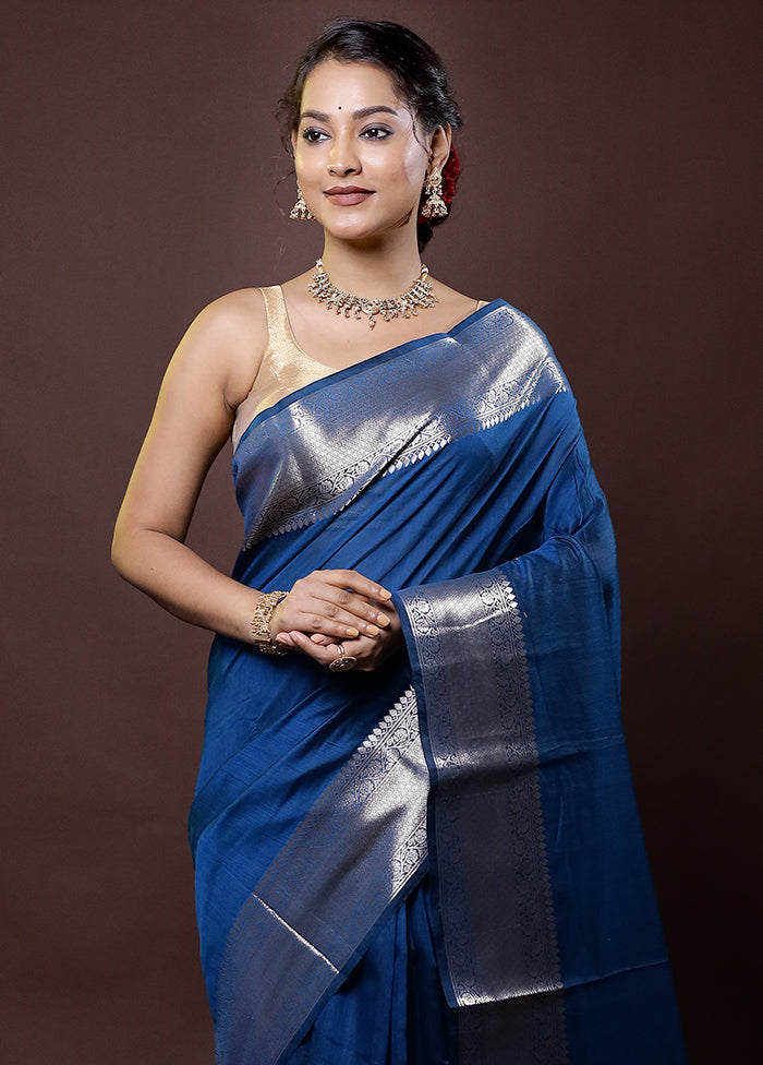 Blue Cotton Saree With Blouse Piece