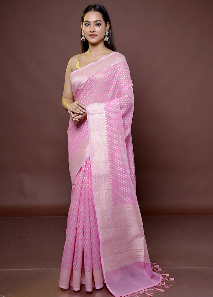 Pink Kora Silk Saree With Blouse Piece