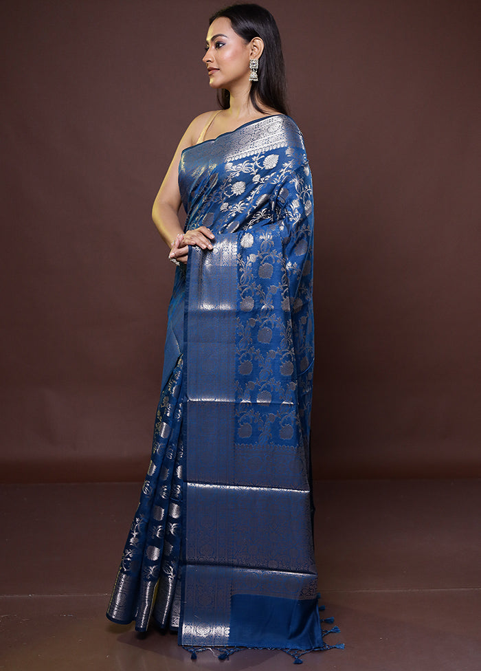 Blue Kora Silk Saree With Blouse Piece