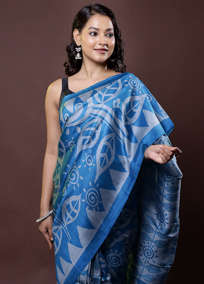 Blue Printed Pure Silk Saree Without Blouse Piece