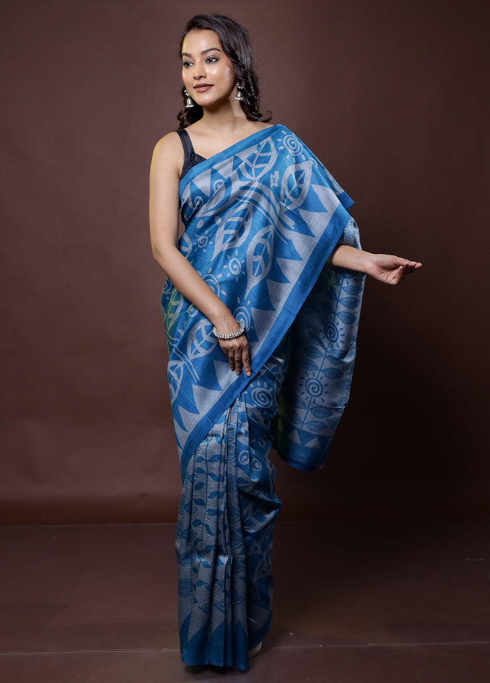 Blue Printed Pure Silk Saree Without Blouse Piece