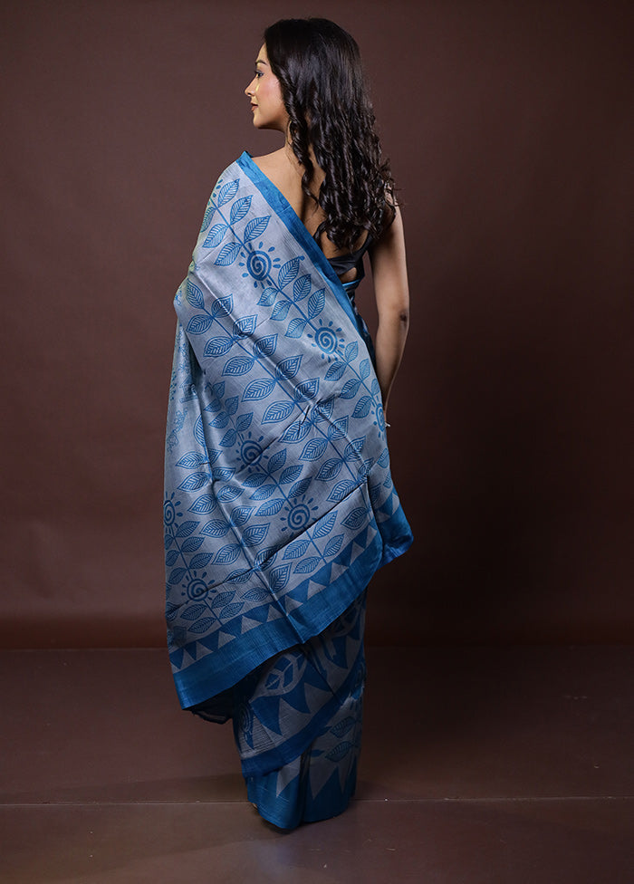 Blue Printed Pure Silk Saree Without Blouse Piece