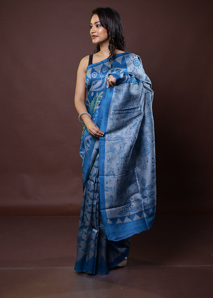 Blue Printed Pure Silk Saree Without Blouse Piece