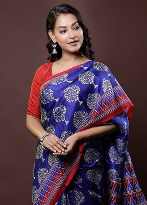 Blue Printed Pure Silk Saree Without Blouse Piece