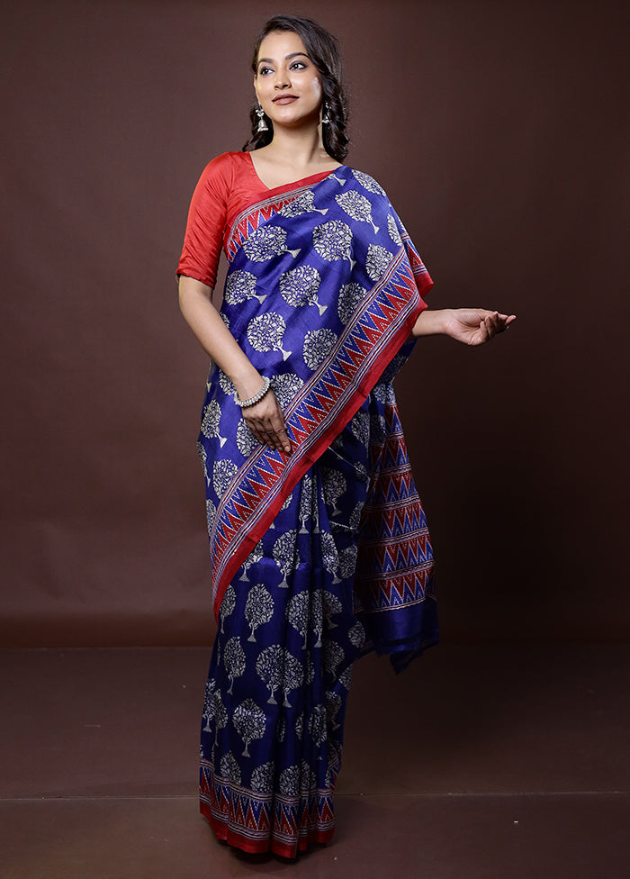 Blue Printed Pure Silk Saree Without Blouse Piece