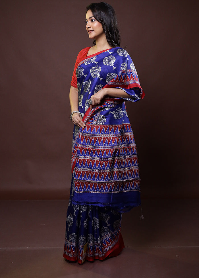 Blue Printed Pure Silk Saree Without Blouse Piece