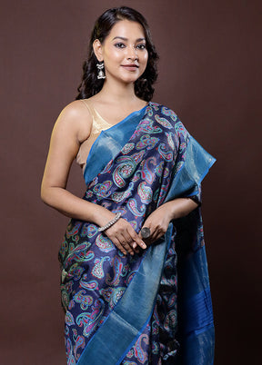 Blue Tussar Silk Saree With Blouse Piece