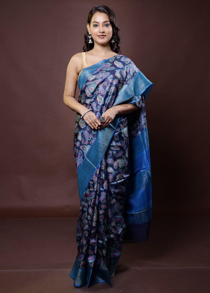 Blue Tussar Silk Saree With Blouse Piece