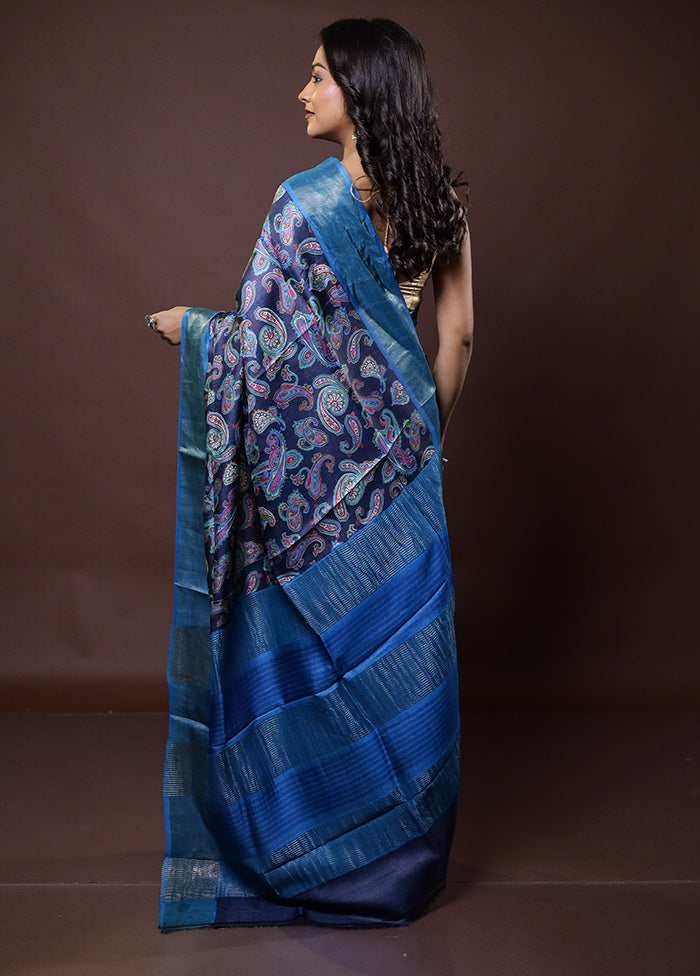 Blue Tussar Silk Saree With Blouse Piece