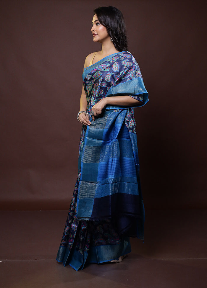 Blue Tussar Silk Saree With Blouse Piece