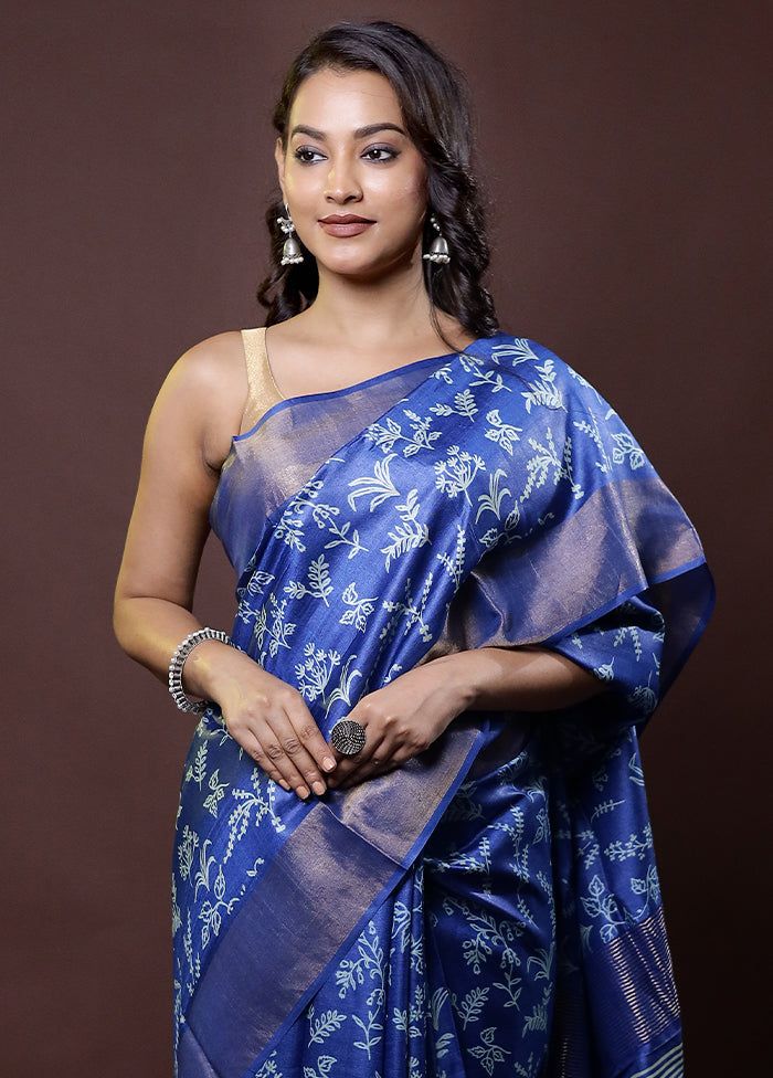 Blue Tussar Silk Saree With Blouse Piece