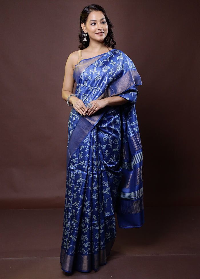 Blue Tussar Silk Saree With Blouse Piece