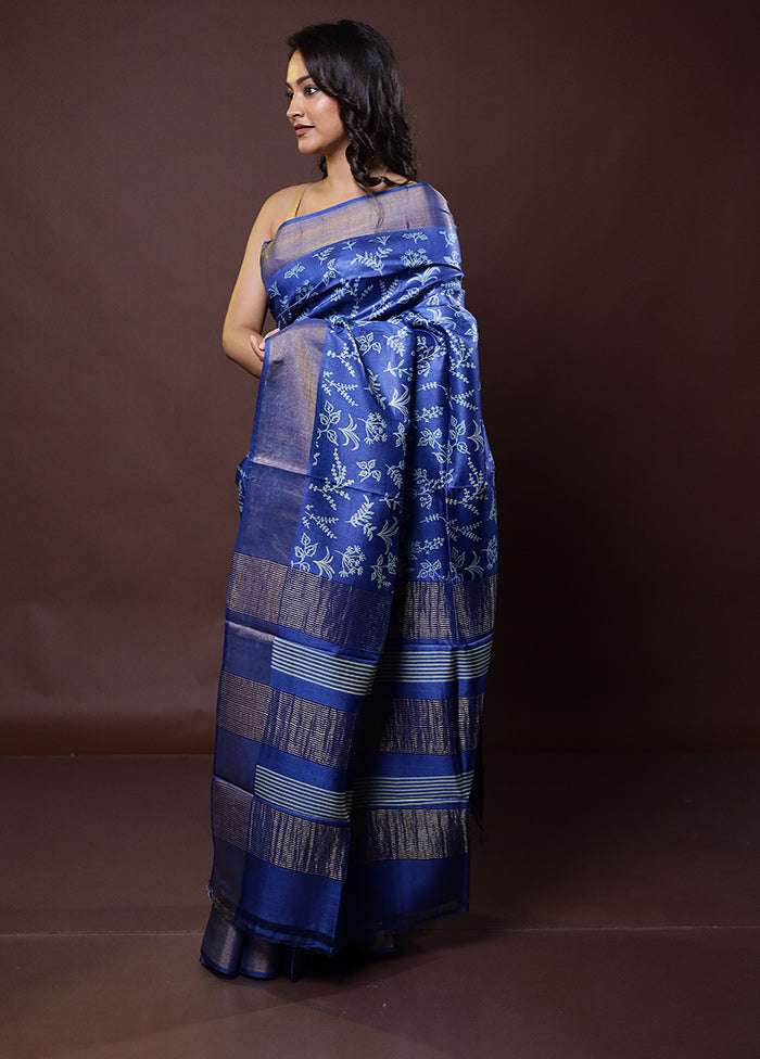 Blue Tussar Silk Saree With Blouse Piece