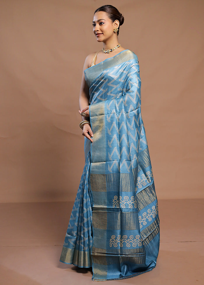 Blue Tussar Silk Saree With Blouse Piece