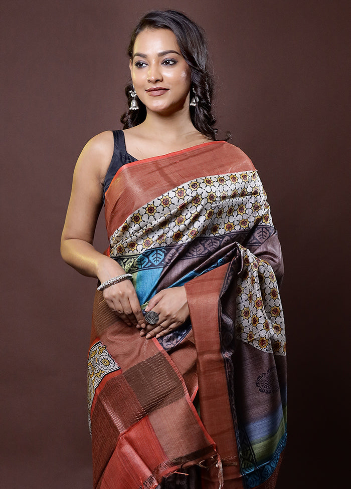 Cream Tussar Silk Saree With Blouse Piece