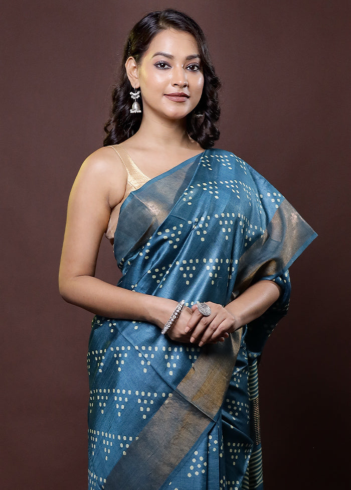 Blue Tussar Silk Saree With Blouse Piece