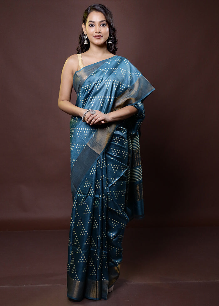 Blue Tussar Silk Saree With Blouse Piece