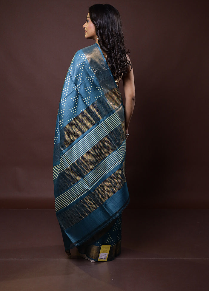 Blue Tussar Silk Saree With Blouse Piece