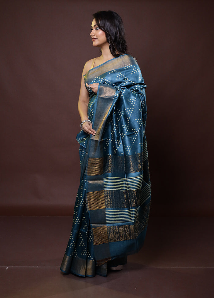 Blue Tussar Silk Saree With Blouse Piece