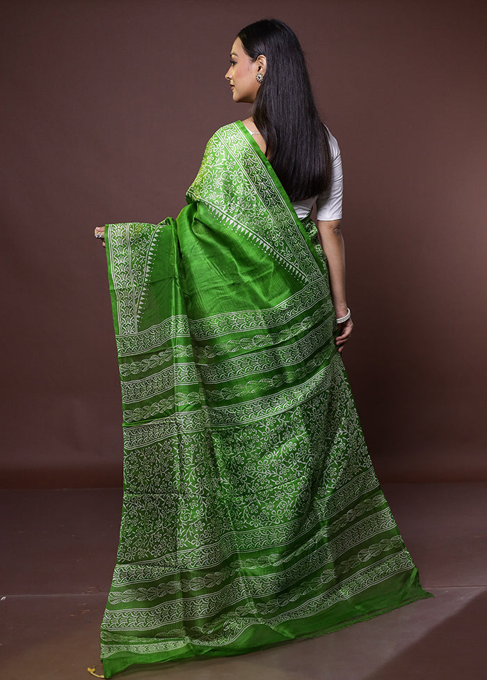 Green Printed Pure Silk Saree Without Blouse Piece