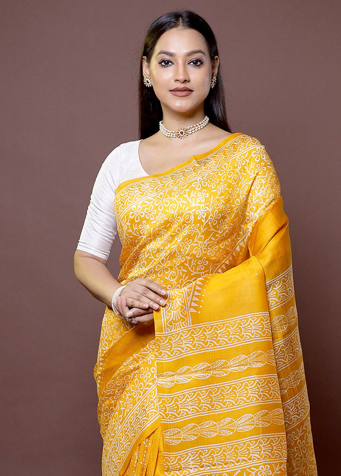 Yellow Printed Pure Silk Saree Without Blouse Piece