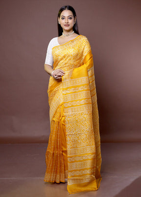 Yellow Printed Pure Silk Saree Without Blouse Piece