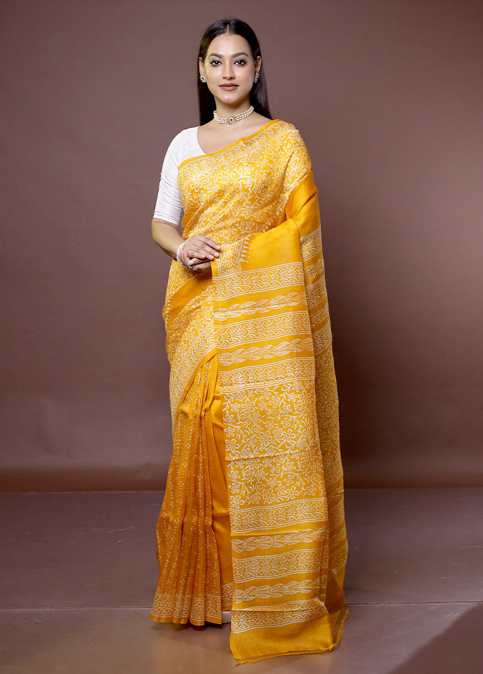 Yellow Printed Pure Silk Saree Without Blouse Piece