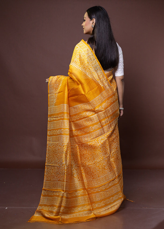 Yellow Printed Pure Silk Saree Without Blouse Piece