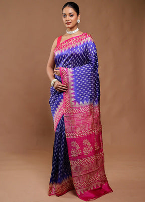 Blue Printed Pure Silk Saree Without Blouse Piece