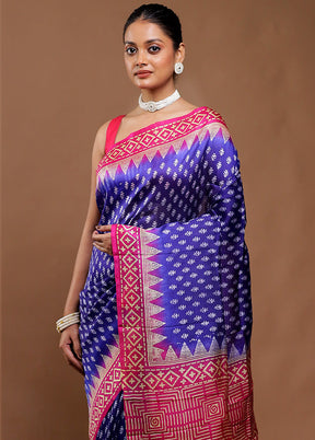 Blue Printed Pure Silk Saree Without Blouse Piece