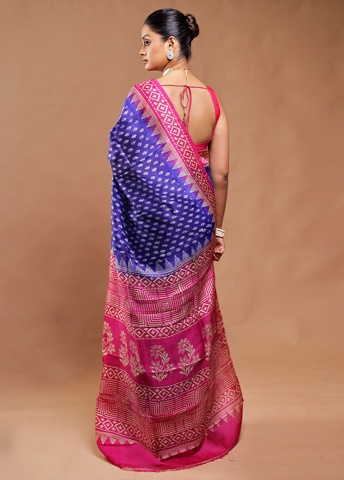 Blue Printed Pure Silk Saree Without Blouse Piece