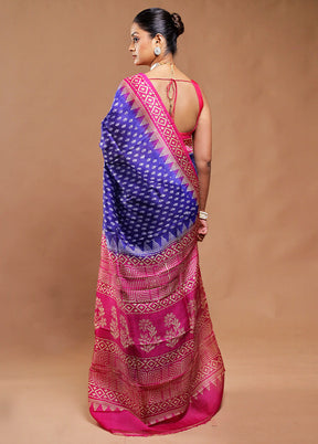 Blue Printed Pure Silk Saree Without Blouse Piece