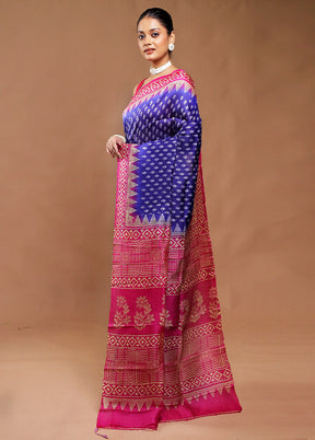 Blue Printed Pure Silk Saree Without Blouse Piece