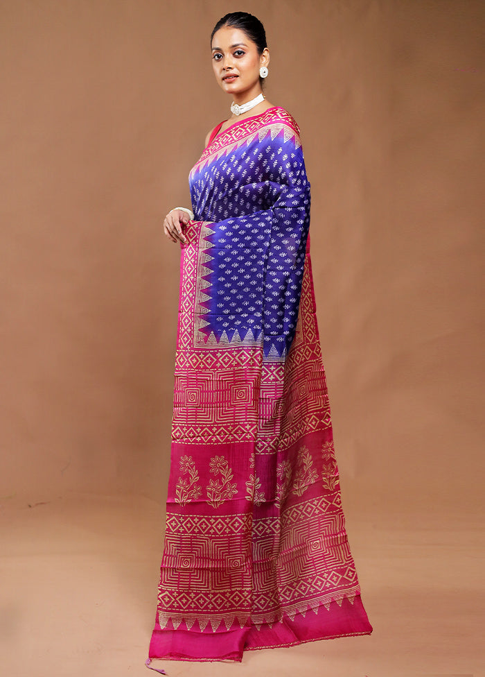 Blue Printed Pure Silk Saree Without Blouse Piece