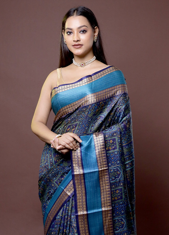 Blue Printed Pure Silk Saree Without Blouse Piece