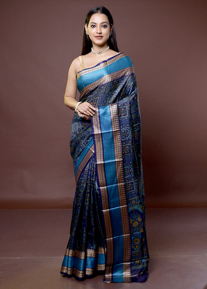 Blue Printed Pure Silk Saree Without Blouse Piece