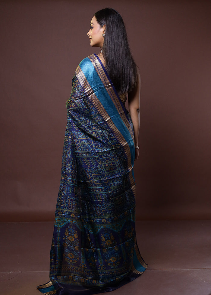 Blue Printed Pure Silk Saree Without Blouse Piece