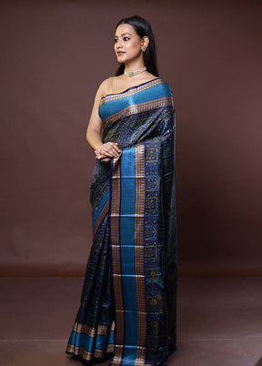 Blue Printed Pure Silk Saree Without Blouse Piece